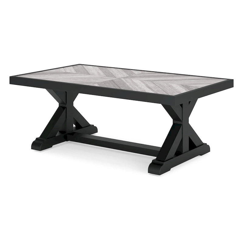 Table basse d'extérieur Tira 48 pouces, plateau en carreaux, noire, finition gris clair