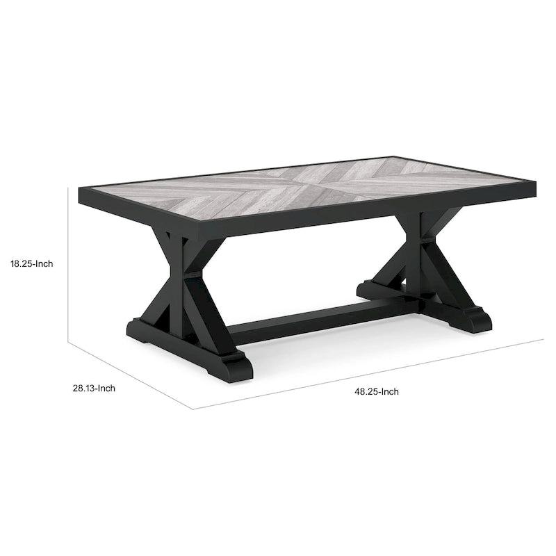 Table basse d'extérieur Tira 48 pouces, plateau en carreaux, noire, finition gris clair