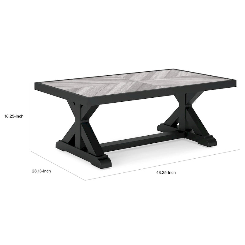 Table basse d'extérieur Tira 48 pouces, plateau en carreaux, noire, finition gris clair