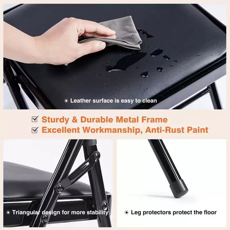 Lot de 2 chaises pliantes en similicuir noir avec cadre en métal
