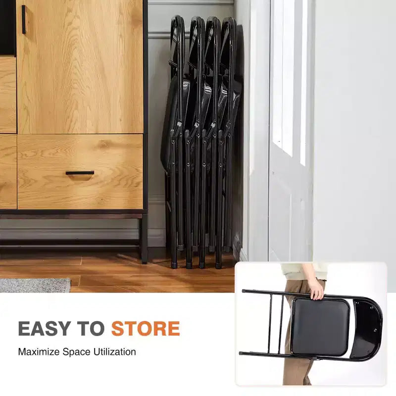 Lot de 2 chaises pliantes en similicuir noir avec cadre en métal