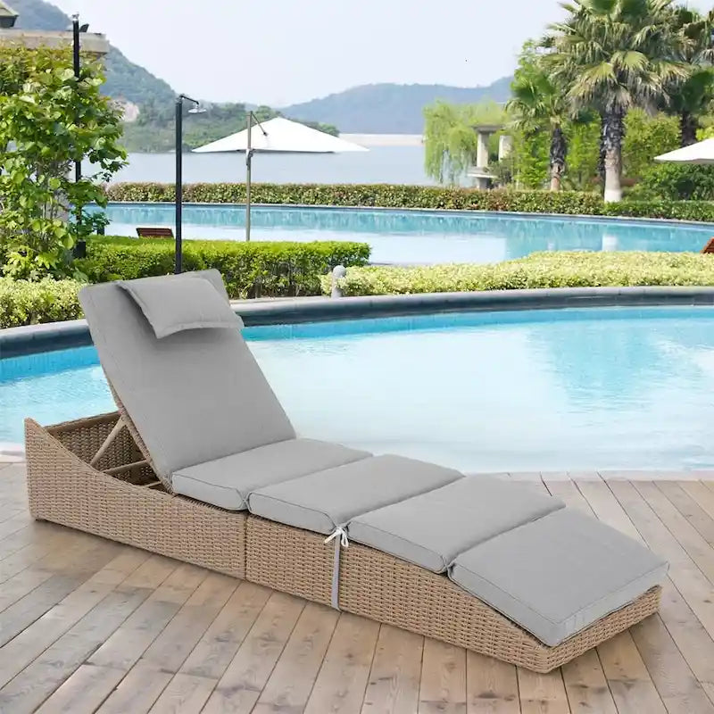 Outdoor PE Wicker Chaise Lounge Chairs, Patio Rattan Reclining Chair Adjustable Backrest Pool Sunbathing Recliners