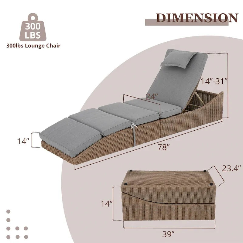 Chaises longues d'extérieur en rotin PE, fauteuil inclinable de patio en rotin avec dossier réglable, transats de piscine