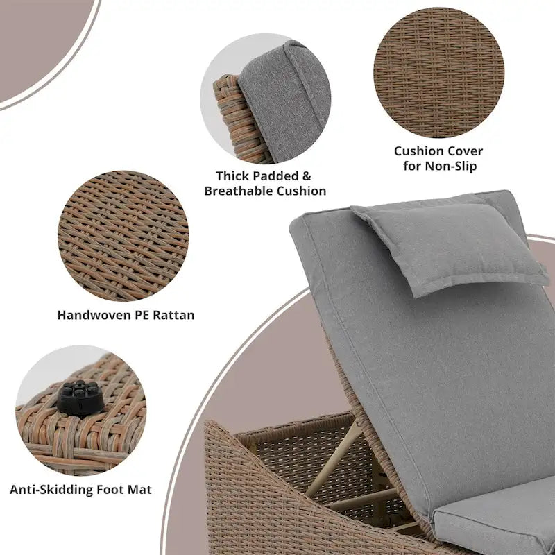 Chaises longues d'extérieur en rotin PE, fauteuil inclinable de patio en rotin avec dossier réglable, transats de piscine