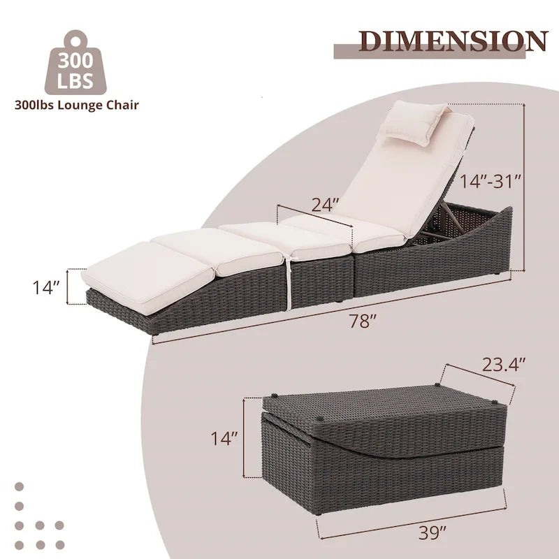 Chaises longues d'extérieur en rotin PE, fauteuil inclinable de patio en rotin avec dossier réglable, transats de piscine