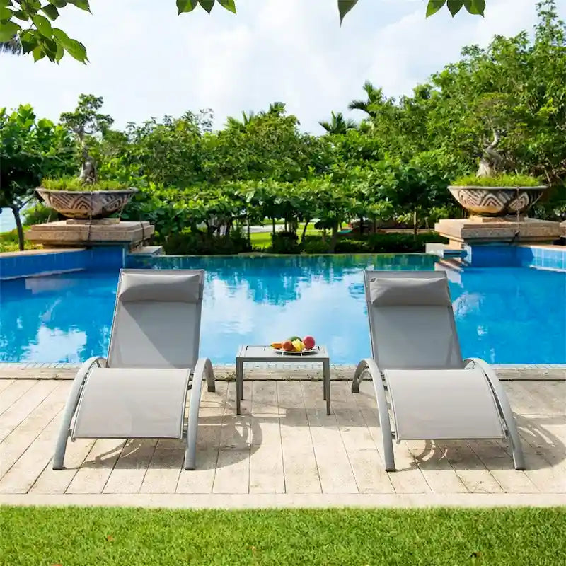 Adjustable Aluminum Chaise Lounge Chairs with Metal Side Table,Set of 3