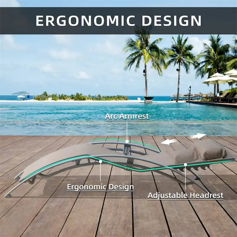 Chaises longues réglables en aluminium avec table d'appoint en métal, lot de 3