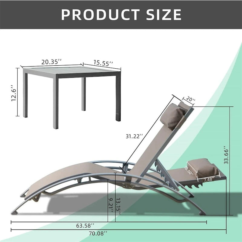 Chaises longues réglables en aluminium avec table d'appoint en métal, lot de 3