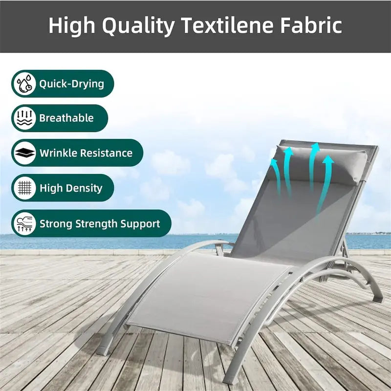 Chaises longues réglables en aluminium avec table d'appoint en métal, lot de 3