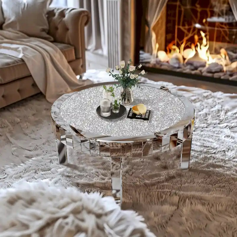 Mirrored Glass Coffee Table with Crystal Diamonds Surface Mirror Beveled Side Table