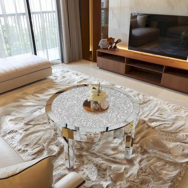 Table basse en verre miroir avec surface en cristal de diamant Table d'appoint biseautée miroir