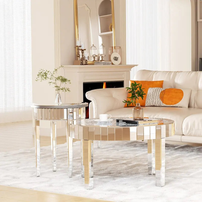 Table basse en verre miroir avec surface en cristal de diamant Table d'appoint biseautée miroir