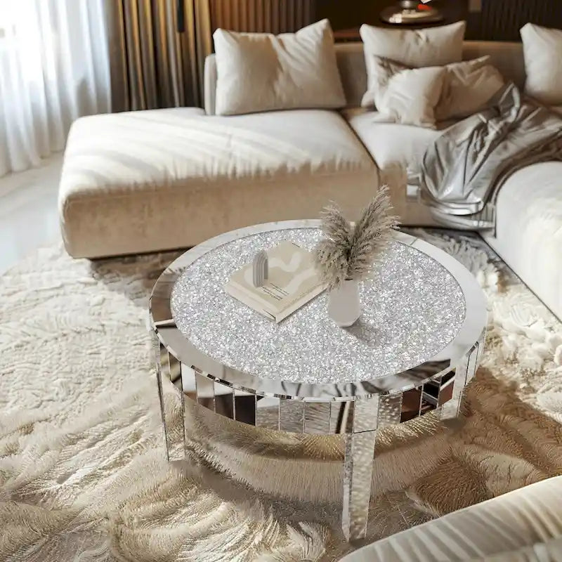Table basse en verre miroir avec surface en cristal de diamant Table d'appoint biseautée miroir