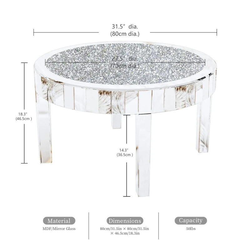Table basse en verre miroir avec surface en cristal de diamant Table d'appoint biseautée miroir