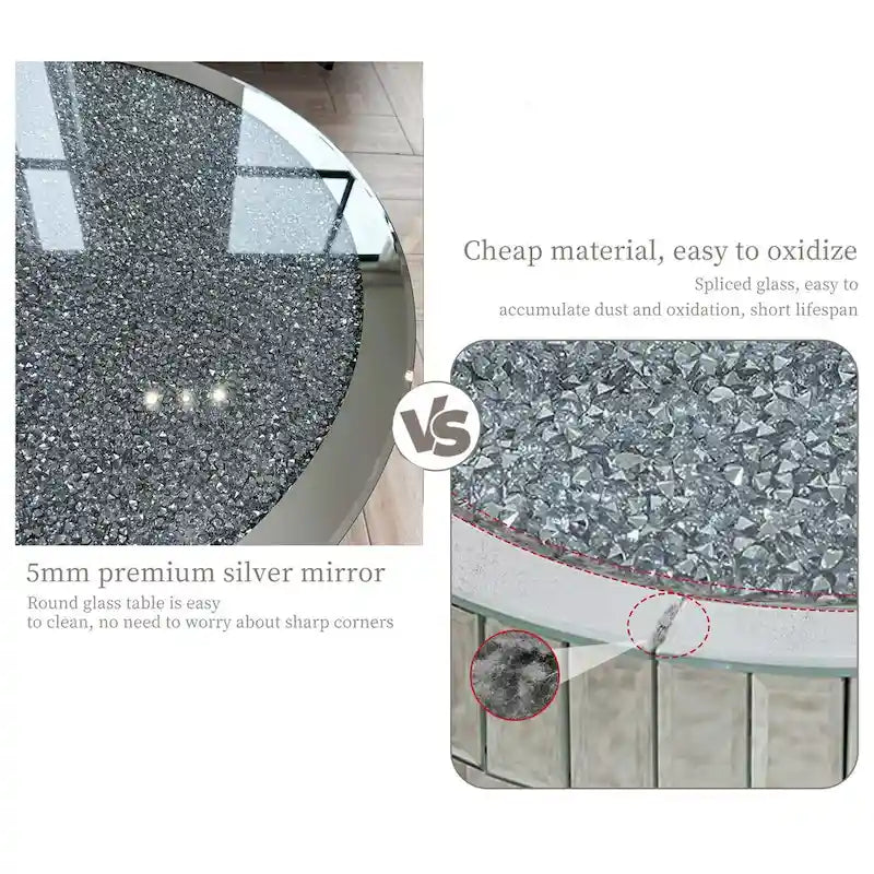 Table basse en verre miroir avec surface en cristal de diamant Table d'appoint biseautée miroir