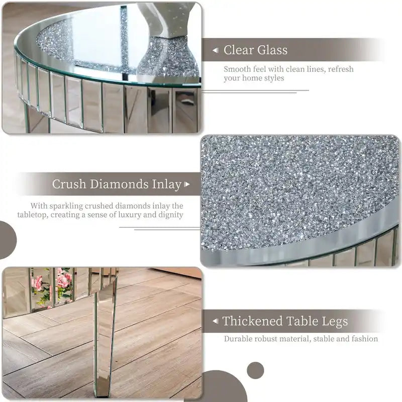 Table basse en verre miroir avec surface en cristal de diamant Table d'appoint biseautée miroir