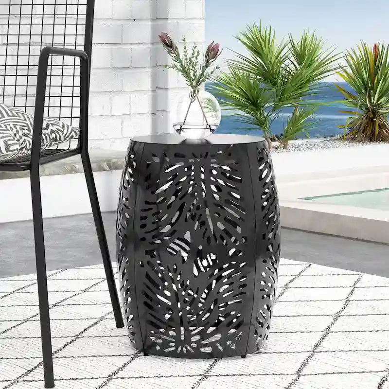 Table d'appoint de patio en métal, table d'appoint ronde avec design de tambour creux, table d'appoint pour usage extérieur et intérieur