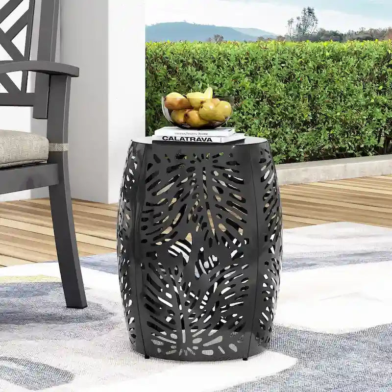 Table d'appoint de patio en métal, table d'appoint ronde avec design de tambour creux, table d'appoint pour usage extérieur et intérieur