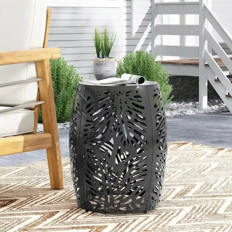 Table d'appoint de patio en métal, table d'appoint ronde avec design de tambour creux, table d'appoint pour usage extérieur et intérieur