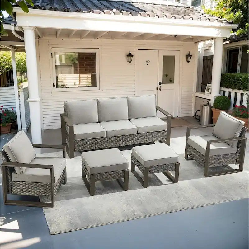 Canapé d'angle d'extérieur avec pouf et fauteuil de jardin - Gris