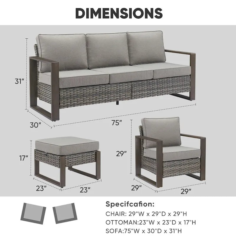 Canapé d'angle d'extérieur avec pouf et fauteuil de jardin - Gris