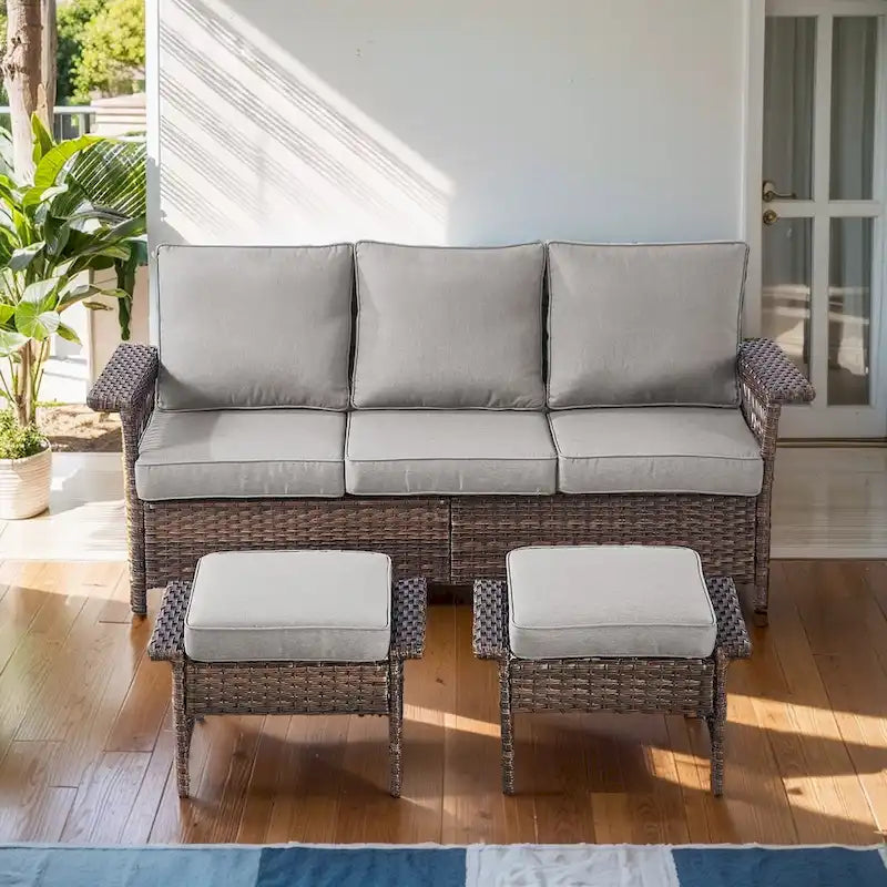 3 Pieces Patio Sofa Ottoman Set - Brown