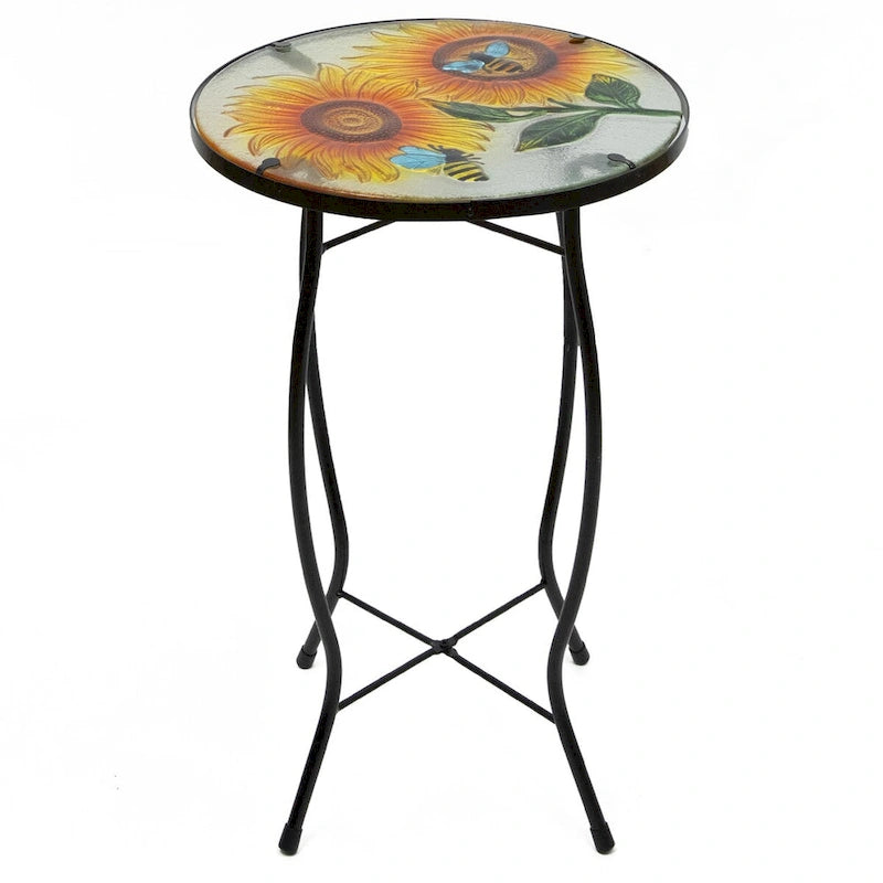 19 Sunflower and Bumblebee Glass Patio Side Table