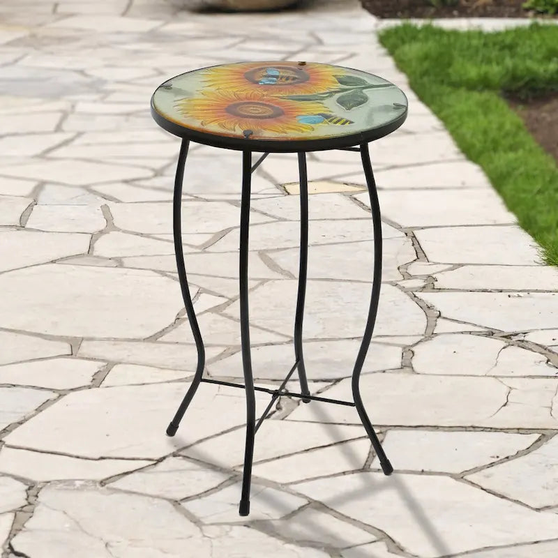 Table d'appoint de patio en verre, tournesol et bourdon, 19 po