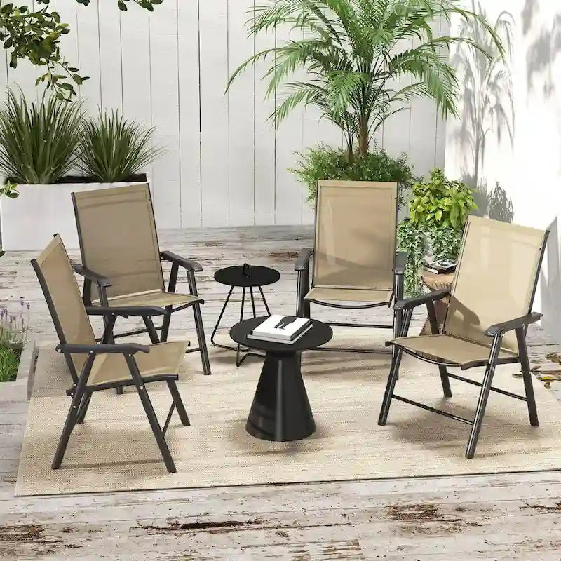 Outsunny Set of 4 Patio Folding Chairs, Stackable Outdoor Sling Patio Dining Chairs with Armrests