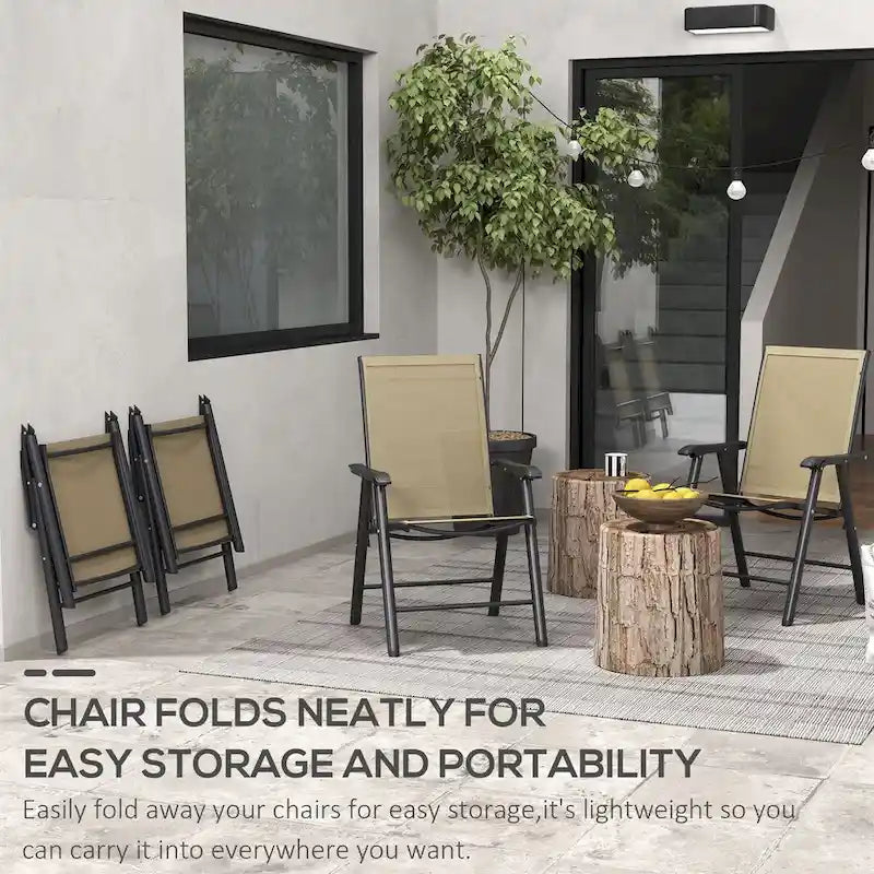 Outsunny Lot de 4 Chaises Pliantes de Patio, Chaises de Salle à Manger d'Extérieur Empilables en Tissu Sling avec Accoudoirs