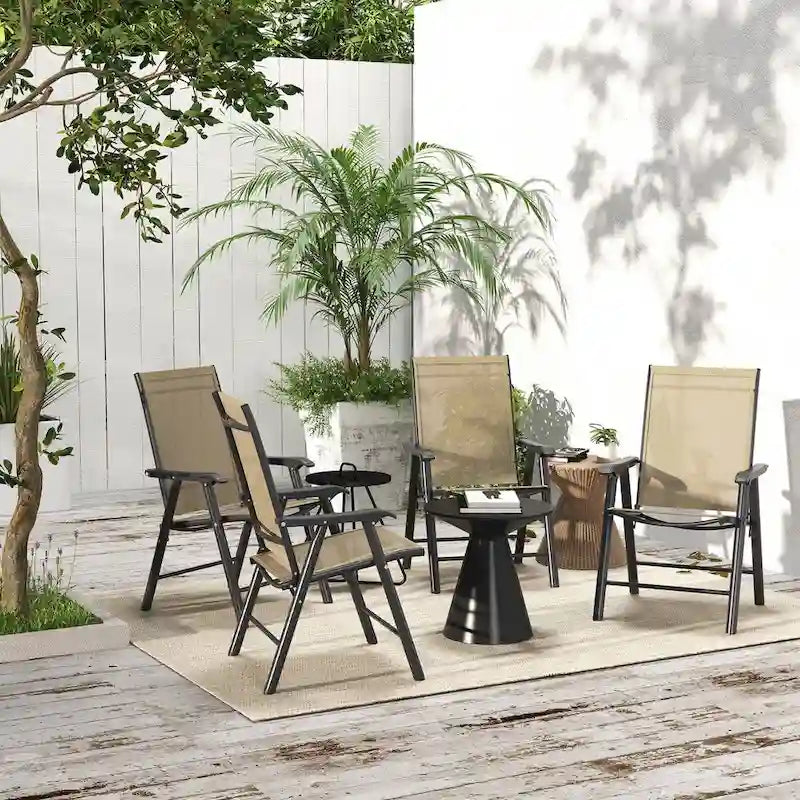 Outsunny Lot de 4 Chaises Pliantes de Patio, Chaises de Salle à Manger d'Extérieur Empilables en Tissu Sling avec Accoudoirs