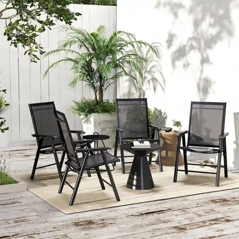 Outsunny Lot de 4 Chaises Pliantes de Patio, Chaises de Salle à Manger d'Extérieur Empilables en Tissu Sling avec Accoudoirs