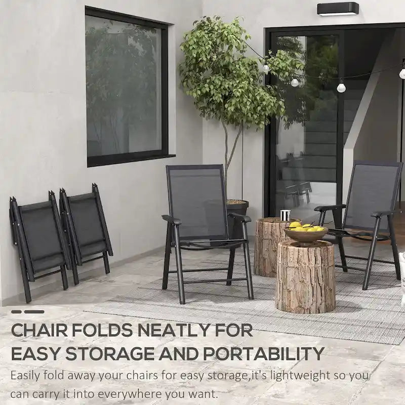 Outsunny Lot de 4 Chaises Pliantes de Patio, Chaises de Salle à Manger d'Extérieur Empilables en Tissu Sling avec Accoudoirs