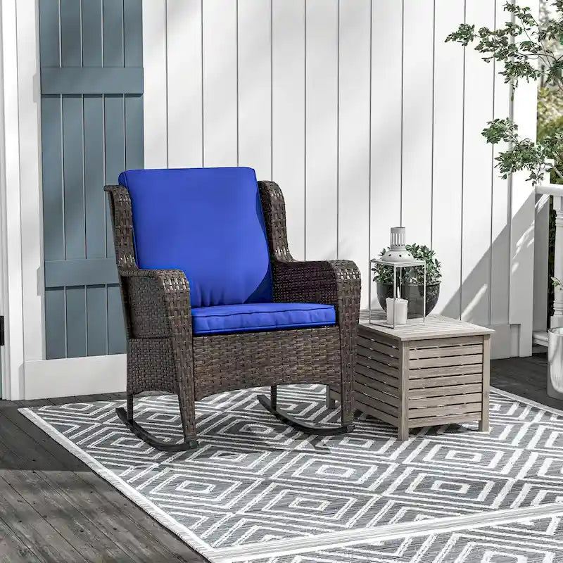 Outsunny Outdoor Wicker Rocking Chair with Wide Seat, Thick Cushions, Rattan Rocker with Steel Frame, High Weight Capacity