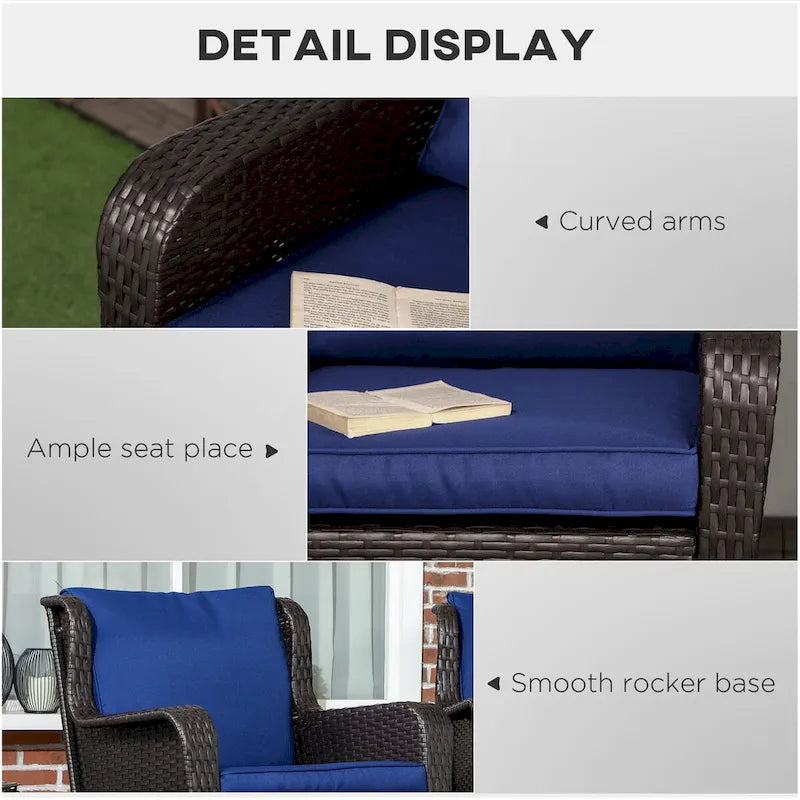 Fauteuil à bascule d'extérieur en osier Outsunny avec siège large, coussins épais, bascule en rotin avec cadre en acier, capacité de poids élevée