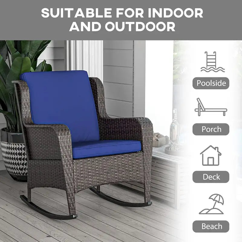 Fauteuil à bascule d'extérieur en osier Outsunny avec siège large, coussins épais, bascule en rotin avec cadre en acier, capacité de poids élevée
