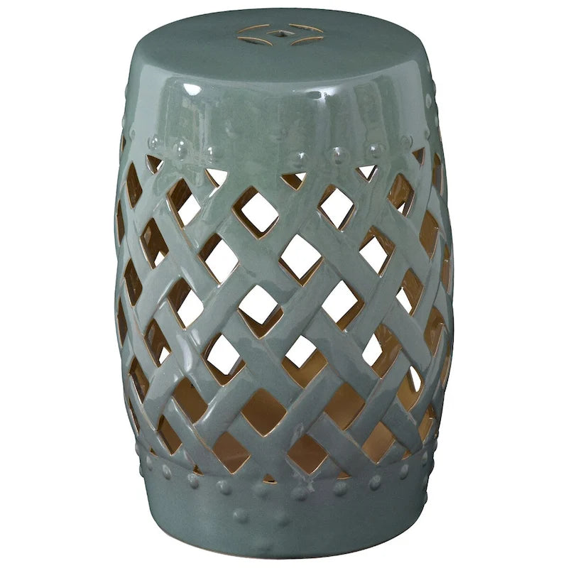 Table d'appoint décorative de patio, table de jardin en céramique avec motif en treillis tissé et matériaux solides émaillés, verte