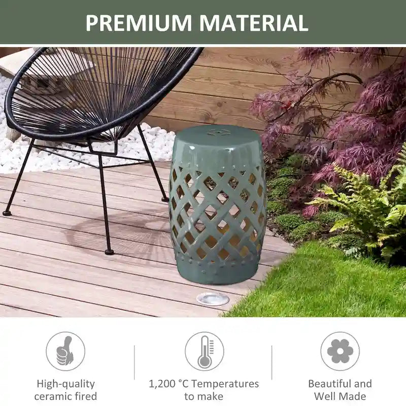 Table d'appoint décorative de patio, table de jardin en céramique avec motif en treillis tissé et matériaux solides émaillés, verte