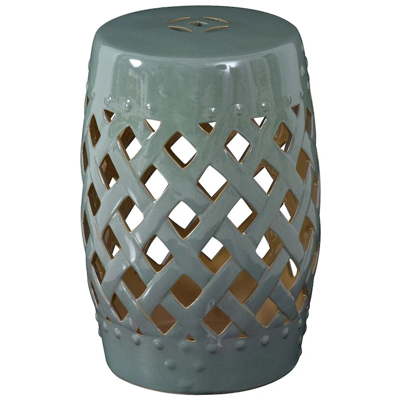 Table d'appoint décorative de patio, table de jardin en céramique avec motif en treillis tissé et matériaux solides émaillés, verte
