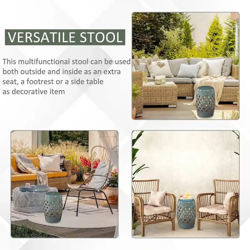 Table d'appoint décorative de patio, table de jardin en céramique avec motif en treillis tissé et matériaux solides émaillés, verte