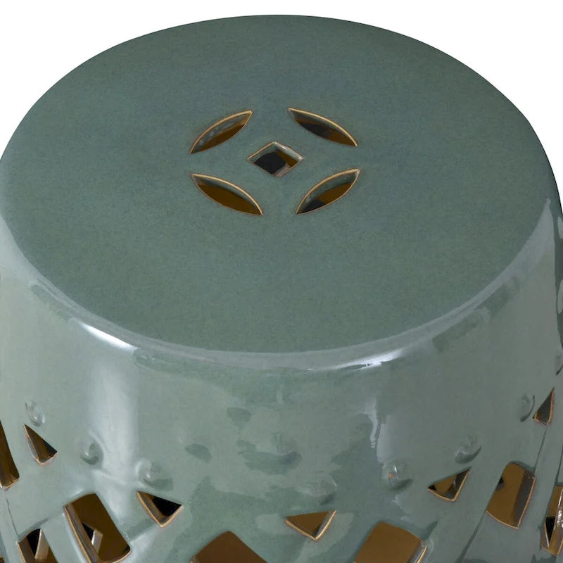 Table d'appoint décorative de patio, table de jardin en céramique avec motif en treillis tissé et matériaux solides émaillés, verte