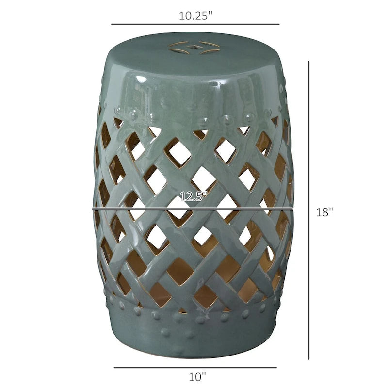 Table d'appoint décorative de patio, table de jardin en céramique avec motif en treillis tissé et matériaux solides émaillés, verte