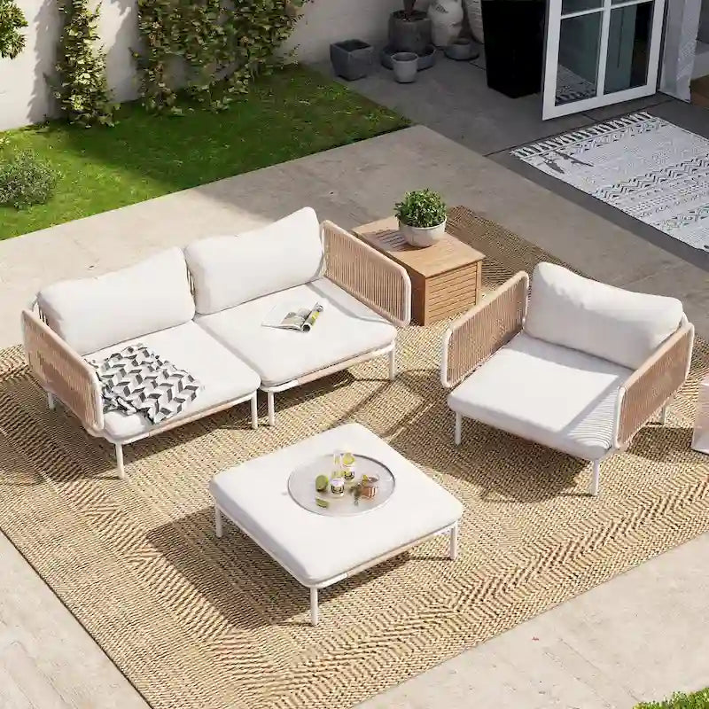 Ensemble de conversation d'extérieur 4 places avec coussins, ensemble personnalisable en combinant plusieurs chaises - Combiné par 4 chaises