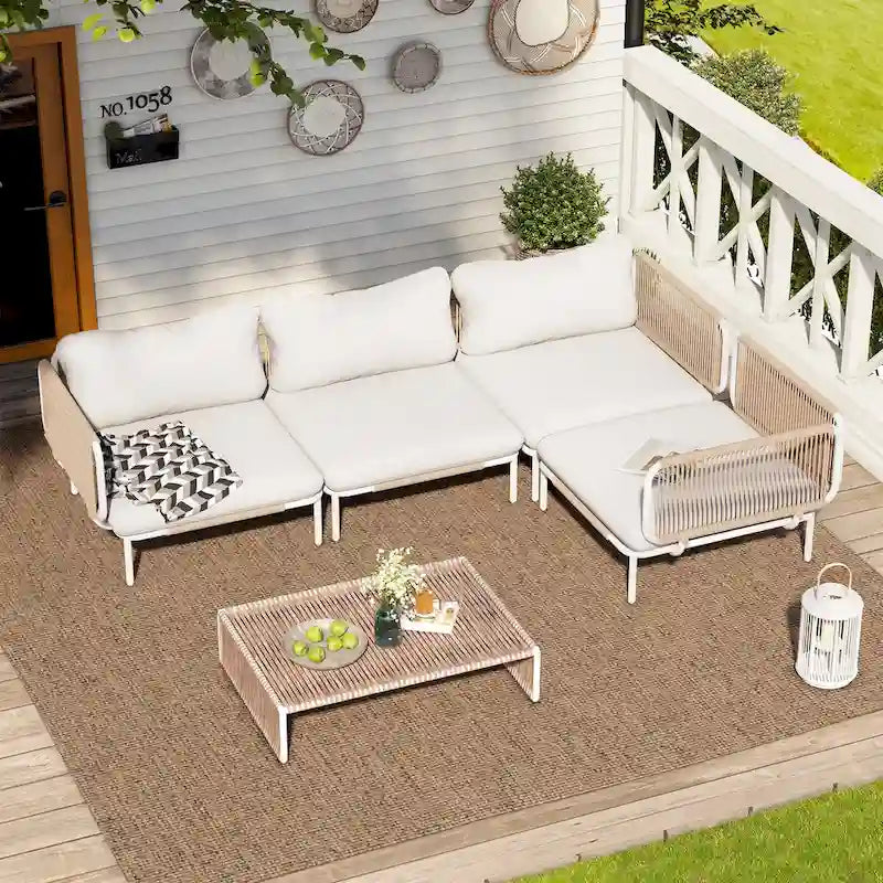 Ensemble de conversation d'extérieur 4 places avec coussins, ensemble personnalisable en combinant plusieurs chaises - Combiné par 4 chaises