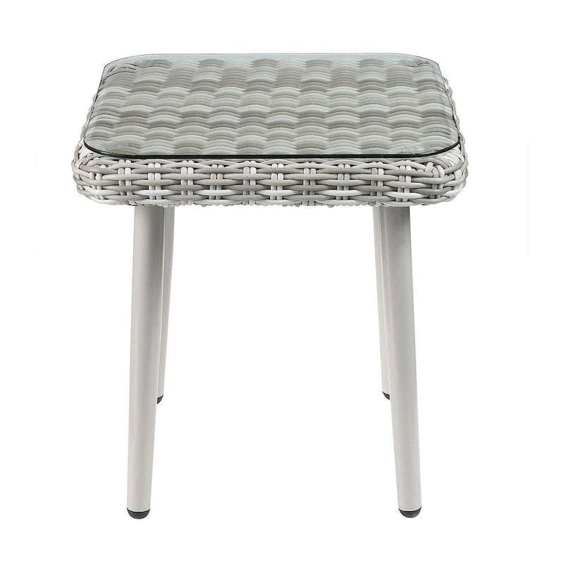 Ensemble de bistro de terrasse en osier beige avec coussins en tissu vert - Ensemble de salle à manger d'extérieur 3 pièces avec table à plateau en verre et fauteuils