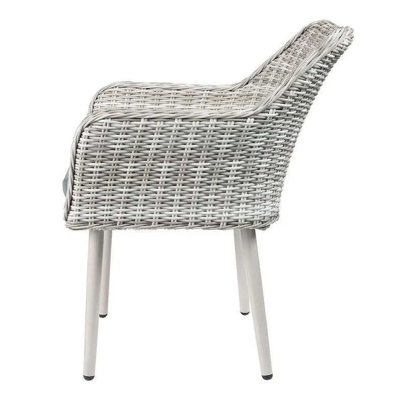 Ensemble de bistro de terrasse en osier beige avec coussins en tissu vert - Ensemble de salle à manger d'extérieur 3 pièces avec table à plateau en verre et fauteuils