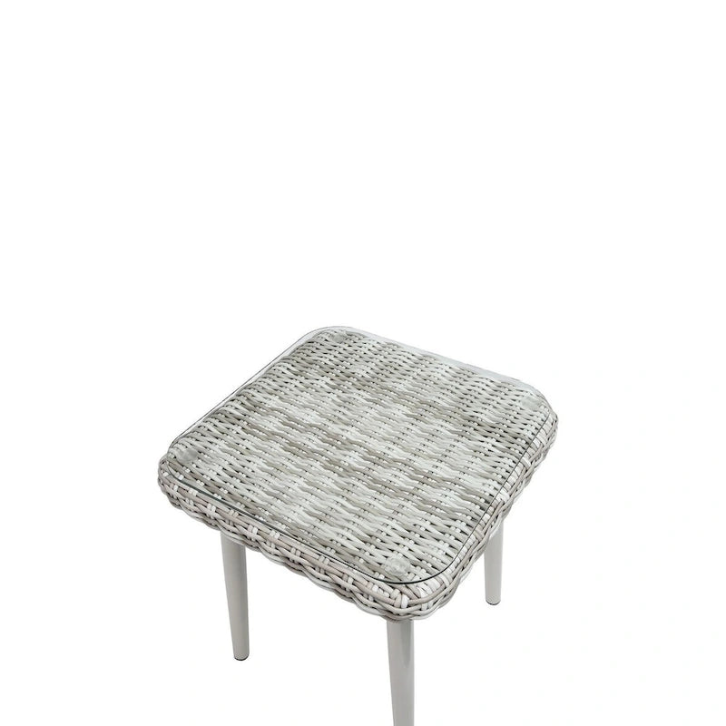 Ensemble de bistro de terrasse en osier beige avec coussins en tissu vert - Ensemble de salle à manger d'extérieur 3 pièces avec table à plateau en verre et fauteuils