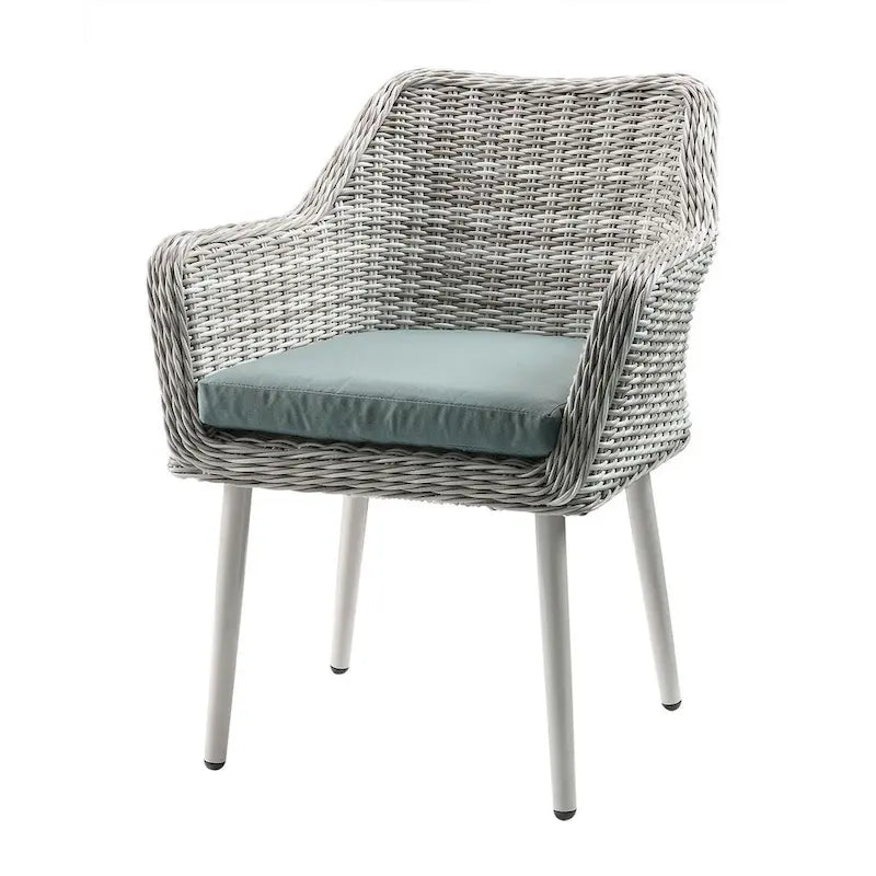 Ensemble de bistro de terrasse en osier beige avec coussins en tissu vert - Ensemble de salle à manger d'extérieur 3 pièces avec table à plateau en verre et fauteuils