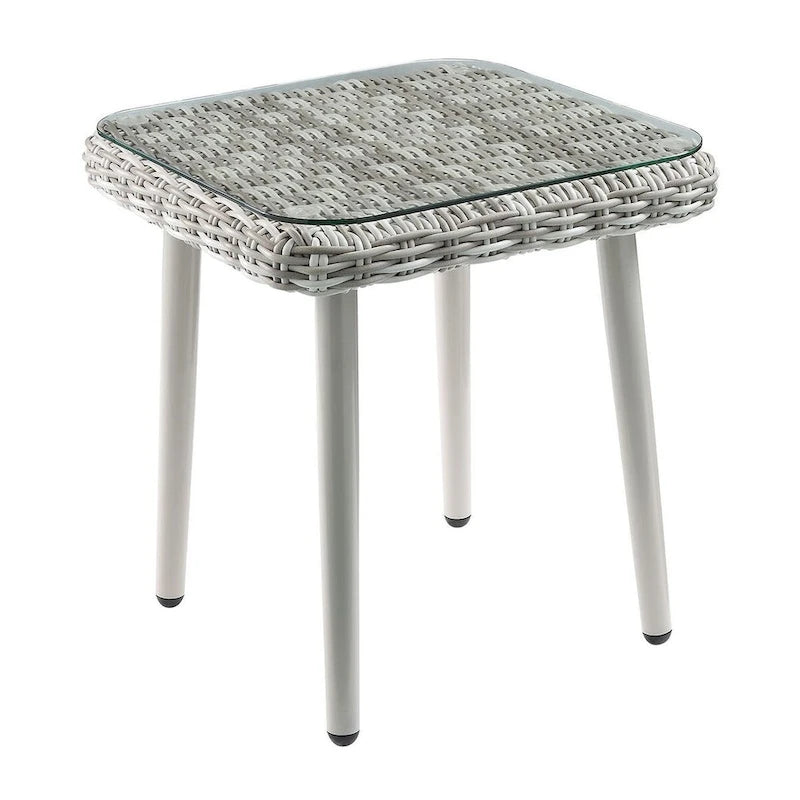 Ensemble de bistro de terrasse en osier beige avec coussins en tissu vert - Ensemble de salle à manger d'extérieur 3 pièces avec table à plateau en verre et fauteuils