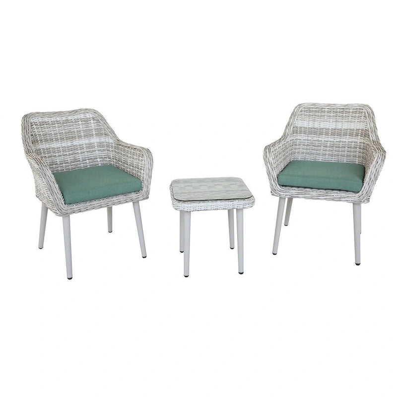 Ensemble de bistro de terrasse en osier beige avec coussins en tissu vert - Ensemble de salle à manger d'extérieur 3 pièces avec table à plateau en verre et fauteuils
